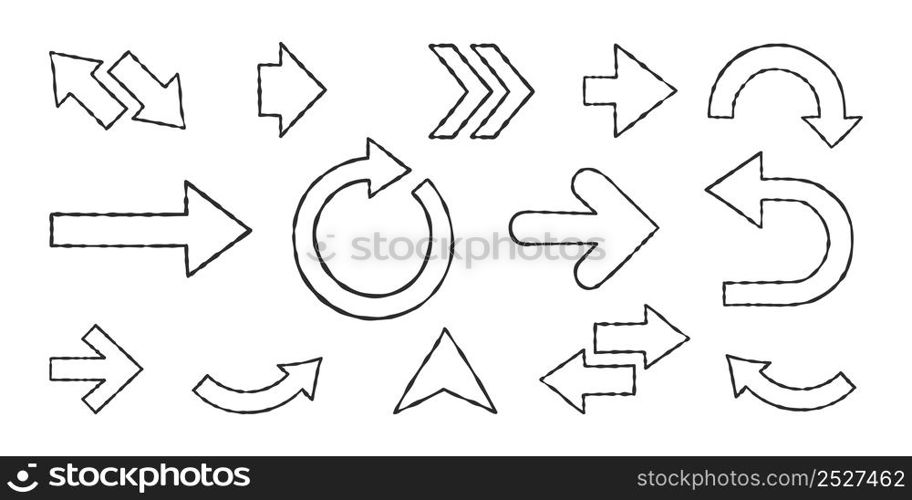 Arrows icons. Arrow grunge. Sketch arrows drawn by hand. Vector icons