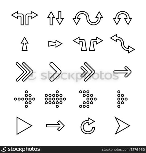 Arrows icons collection. Arrow icons, isolated on white background. Cursors in flat linear design. Cursor different shapes. Arrows. Vector illustration