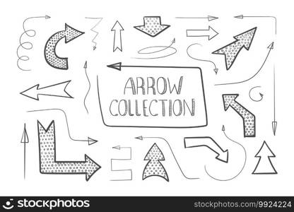 Arrows icons doodle. Collection of hand drawn arrows. Arrows icons set. Hand drawn pointers, art brushes. Vector illustration