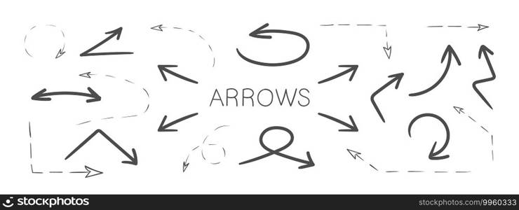 Arrows icons. Hand drawn arrows. Set of vector curved arrows. Sketch doodle style. Vector illustration