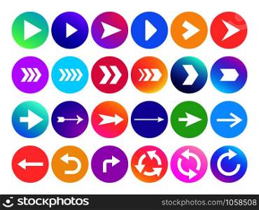 Arrows in circle icon. Website navigation arrow button, colorful gradient round back or next sign and web arrowhead. Download application arrowheads vector isolated symbols set. Arrows in circle icon. Website navigation arrow button, colorful gradient round back or next sign and web arrowhead vector icons
