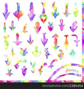 Arrows isolated on white background. Hand drawn arrow icons set Rainbow colors collection.. Set of colorful vector watercolor arrows