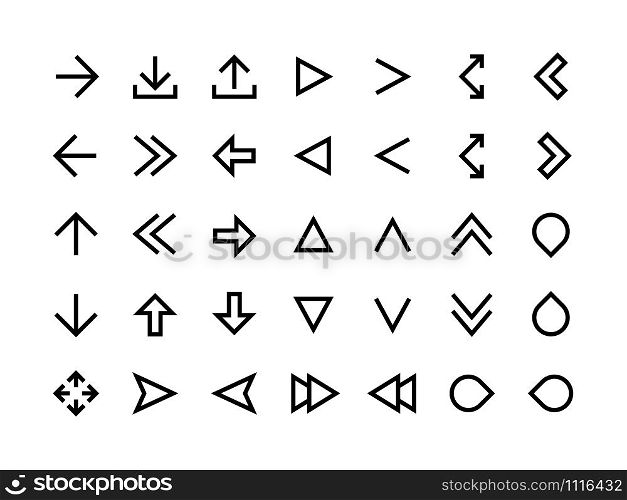 Arrows line icons. Direction signs for web page and application UI, simple modern arrows and app cursor. Vector editable outline arrow set for computer pointer symbol. Arrows line icons. Direction signs for web page and application UI, simple modern arrows and app cursor. Vector editable set