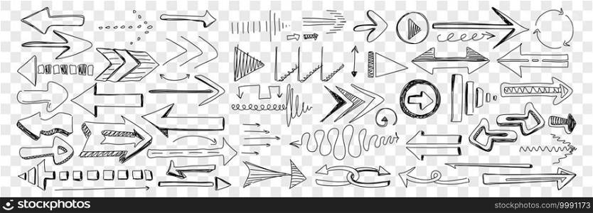 Arrows of different shapes and directions doodle set. Collection of hand drawn arrows left right navigating and attracting attention for orientation help isolated on transparent background. Arrows of different shapes and directions doodle set