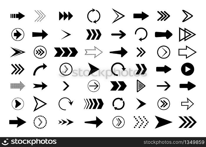 Arrows set. Black direction symbols. Graphic icons of up, down, right, next, cursor, back, circle, refresh, rewind, repeat, forward, pointer for web orientation. Simple digital shapes, lines. Vector.. Arrows set. Black direction symbols. Graphic icons of up, down, right, next, cursor, back, circle, refresh, rewind, repeat, forward, pointer for web orientation. Simple digital shapes, lines. Vector
