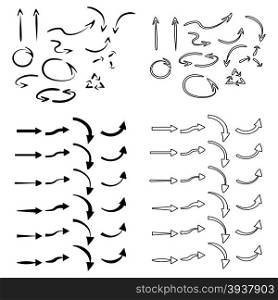 Arrows set, hand drawn arrows set, sketched style. Vector Illustration for design on white background.