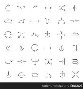 Arrows set. Thin contour line. Navigation way pointers. Curve outline vector icons isolated on white. Arrows set. Thin line