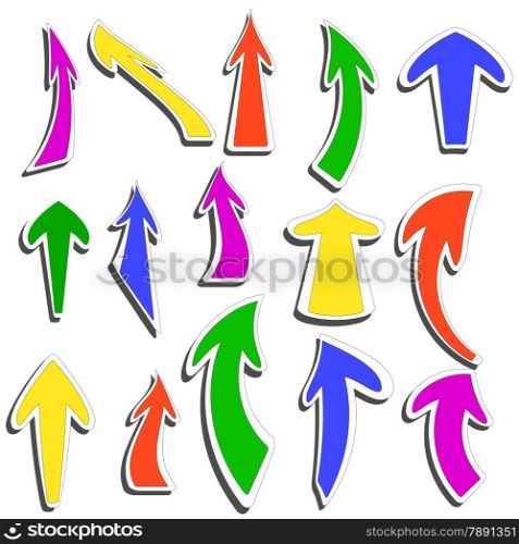 Arrows stickers different colors and shapes. Vector.