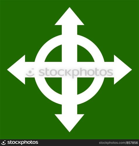 Arrows target icon white isolated on green background. Vector illustration. Arrows target icon green