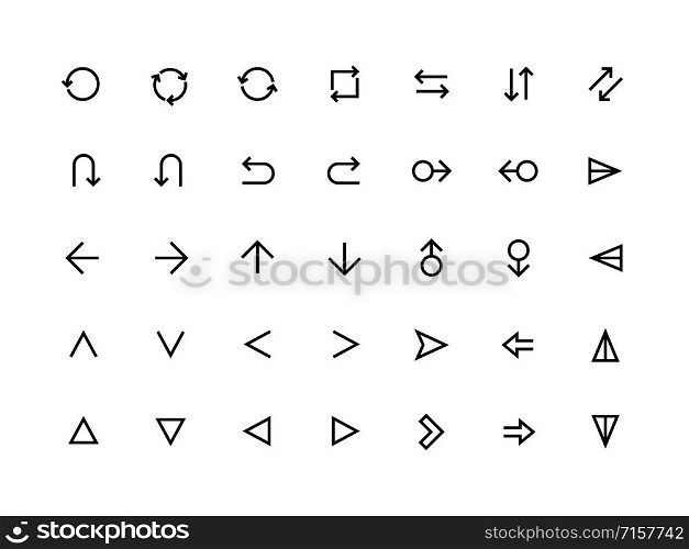 Arrows UI icons. Web page and mobile application forward refresh and return symbols, modern minimal arrows. Vector editable set line graphic sign. Arrows UI icons. Web page and mobile application forward refresh and return symbols, modern minimal arrows. Vector editable set