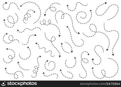Arrows vector set. Curved hand drawn dotted elements. Doodle outline black stroke. Simple cartoon swirl scribble isolated on white background. Arrows vector set. Curved hand drawn dotted elements. Doodle outline black stroke. Simple cartoon swirl scribble isolated on white background.