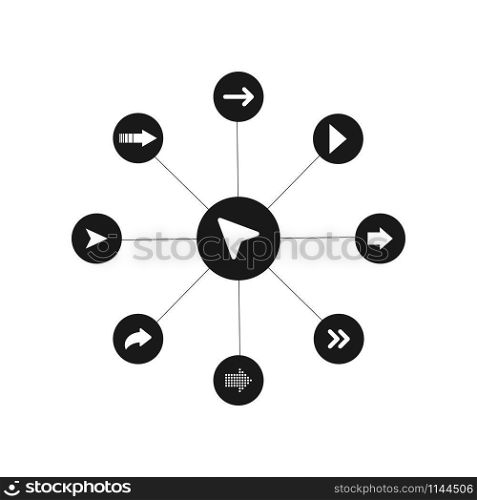 Arrows white in black circles with lines, isolated on white background. Arrows vector icons. Arrow. Arrows in modern simple flat style for web design. Vector illustration