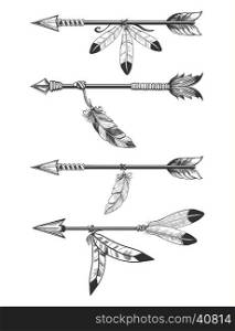 Arrows with feathers and beads. Hand drawn arrows with feathers and beads. Boho arrows isolated om white vector illustration