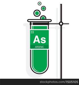 Arsenic symbol on label in a green test tube with holder. Element number 33 of the Periodic Table of the Elements - Chemistry