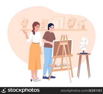 Art academy 2D vector isolated illustration. Female educator teaching male student portrait drawing flat characters on cartoon background. Colorful editable scene for mobile, website, presentation. Art academy 2D vector isolated illustration