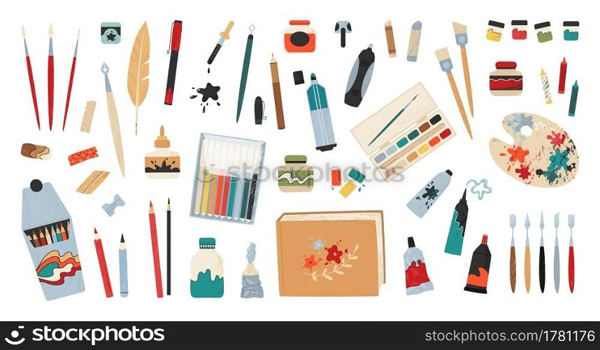 Art accessories. Artist painting tools and drawing supplies. Professional brush and paint. Color pencils clipart bundle. Pen and ink. Isolated stationery set. Vector hand craft or hobby equipment. Art accessories. Artist painting tools and drawing supplies. Professional brush and paint. Pencils clipart bundle. Pen and ink. Isolated stationery set. Vector craft or hobby equipment