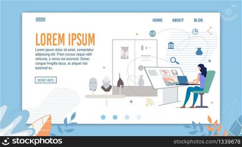 Art and Historical Museum Virtual Exhibitions, Distance Education Online Service Web Banner, Landing Page Template. Woman Using Laptop to Studying Museum Showpieces Trendy Flat Vector Illustration