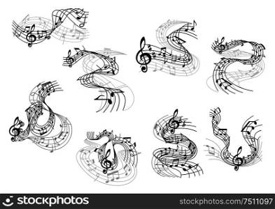 Art and music symbols with black silhouettes of notes and treble clefs on wavy and swirling musical staves. Great for art background, musical or entertainment design. Musical notes and treble clefs on wavy staves