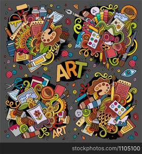 Art and paint materials doodles hand drawn colorful vector symbols and objects. Art and paint materials hand drawn doodles design