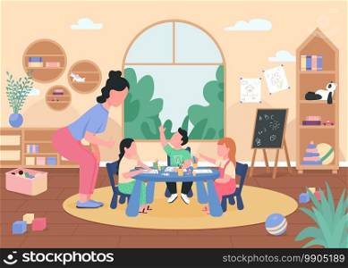 Art class in kindergarten flat color vector illustration. Preschool lesson. Children drawing at table. Teacher helping kids with painting 2D cartoon characters with playroom interior on background. Art class in kindergarten flat color vector illustration
