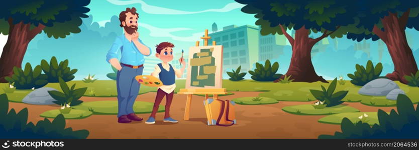 Art class scene with child studying painting with teacher support. Student boy artist draw natural landscape on canvas stand on easel, plein air drawing lesson in school, Cartoon vector illustration. Art class scene with child artist study painting