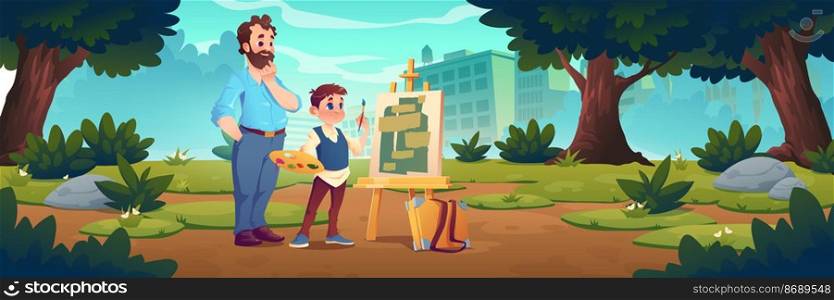 Art class scene with child studying painting with teacher support. Student boy artist draw natural landscape on canvas stand on easel, plein air drawing lesson in school, Cartoon vector illustration. Art class scene with child artist study painting