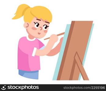 Art classes for child semi flat RGB color vector illustration. Develop drawing skills. After school activity. Little blond girl painting on easel isolated cartoon character on white background. Art classes for child semi flat RGB color vector illustration