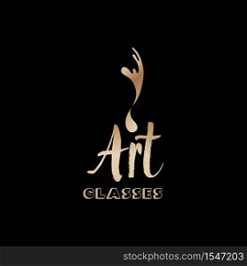 Art classes golden lettering logo design. Calligraphy school and masters with bronze handdrawn fonts. Gold metal sign on black background. Creativity logotype. Isolated vector. Golden Lettering logo design for Art company
