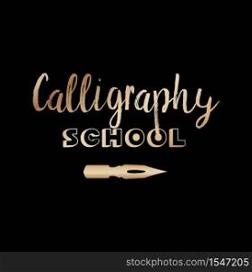 Art classes golden lettering logo design. Calligraphy school and online education with bronze handdrawn fonts. Gold metal calligraphic pen sign on black background. Isolated vector logotype. Golden Lettering logo design for Art company
