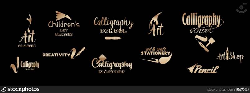 Art classes golden lettering logo design set. Calligraphy school and masters with bronze hand fonts. Gold metal logo collection on black background. Art and creativity logotypes. Isolated vector. Art classes golden lettering logo design set