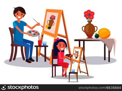 Art classes with father and daughter. Adult man and his kid girl drawing still life picture of vase with flower and fruits vector illustration. Art Family Classes Drawing Still Life Picture Vase