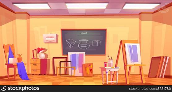Art classroom, empty artist studio interior with blackboard and stuff canvas on easel, paint brushes, wooden stool, composition of plaster shapes and frames for pictures, Cartoon vector illustration. Art classroom, empty artist studio interior, room