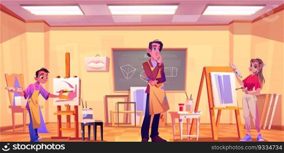 Art classroom workshop for paint in studio cartoon background. Craft school class room with easel, canvas, brush and bottle equipment. Drawing lesson for boy and girl with teacher near blackboard. Art classroom workshop for paint in studio cartoon