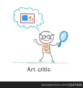 Art critic a magnifying glass and think about the picture