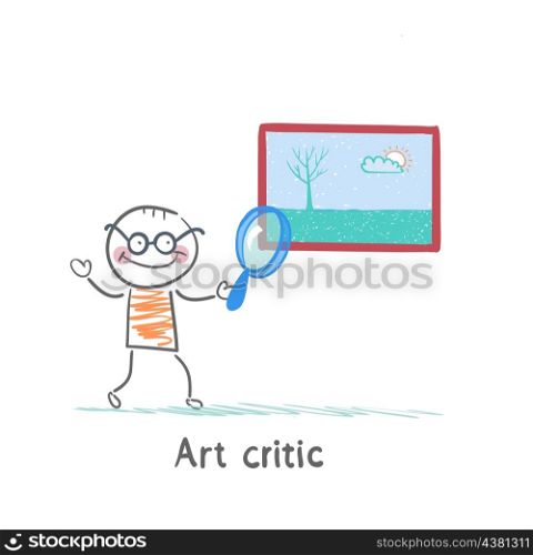 Art critic looks at the picture of a magnifying glass