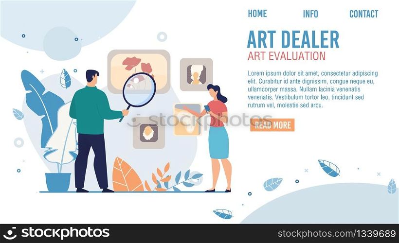 Art Dealer Service, Museum Drawings Evaluation Expert Web Banner, Landing Page Template. Man with Magnifying Glass Studying Pictures, Art Dealer Choosing Art Tu Buy Trendy Flat Vector Illustration