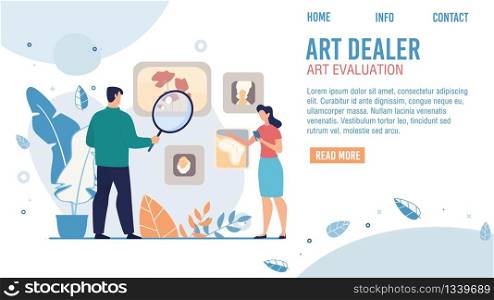 Art Dealer Service, Museum Drawings Evaluation Expert Web Banner, Landing Page Template. Man with Magnifying Glass Studying Pictures, Art Dealer Choosing Art Tu Buy Trendy Flat Vector Illustration