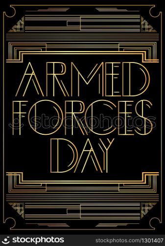 Art Deco Armed Forces Day text. Holiday in Myanmar (March 27) Golden decorative greeting card, sign with vintage letters.