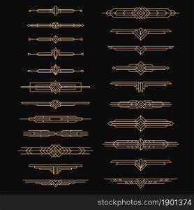 Art deco dividers. Vintage artful arts, 30s headers style. Ornaments, borders and frames design, golden ornate decor labels with lines tidy vector set on black. Art deco dividers. Vintage artful arts, 30s headers style. Ornaments, borders and frames design, golden ornate decor labels with lines tidy vector set