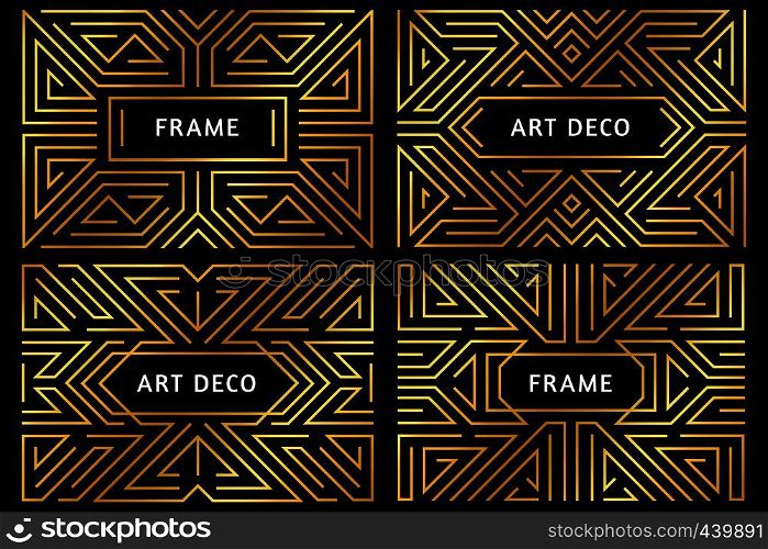 Art deco frames. Vintage golden line border, decorative gold ornament and luxury abstract geometric frame borders. Luxury great gatsby bar menu composition or wedding deco vector illustration set. Art deco frames. Vintage golden line border, decorative gold ornament and luxury abstract geometric frame borders vector illustration