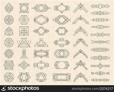 Art deco geometrical shapes. Modern design elements for emblems and logotypes triangles circles dividers and arrows recent vector templates. Geometric line logotype, logo template linear decorative. Art deco geometrical shapes. Modern design elements for emblems and logotypes triangles circles dividers frames and arrows recent vector templates