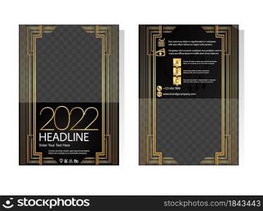 Art Deco Gold and black business brochure templates. Editable geometry leaflet, A4 size flyer, book cover, presentation, card template. Vector design set for marketing.