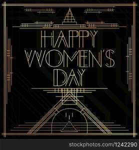 Art Deco Happy Women's Day word. Golden decorative greeting card, sign with vintage letters.