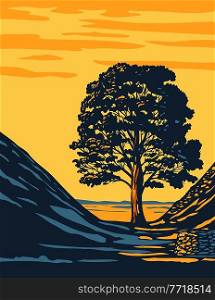 Art Deco or WPA poster of the Sycamore Gap tree in HadrianOs Wall Country within Northumberland National Park in North East England, United Kingdom done in works project administration style.. Sycamore Gap Tree in HadrianOs Wall Country Within Northumberland National Park in North East England UK Art Deco WPA Poster Art
