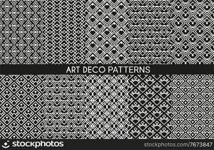 Art deco pattern backgrounds, geometric vintage seamless abstract wallpapers, vector. Luxury retro art deco patterns and geometric line ornaments, black and white ornate seamless backgrounds and tiles. Art deco pattern backgrounds, geometric vintage