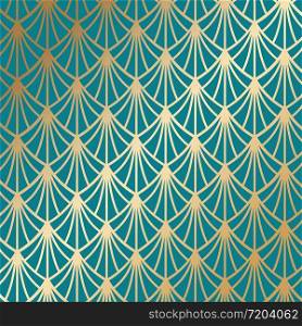 Art deco seamless pattern in gold color on an isolated dark turquoise background or gold exclusive background. EPS 10 vector. Art deco seamless pattern in gold color on an isolated dark turquoise background or gold exclusive background. EPS 10 vector.