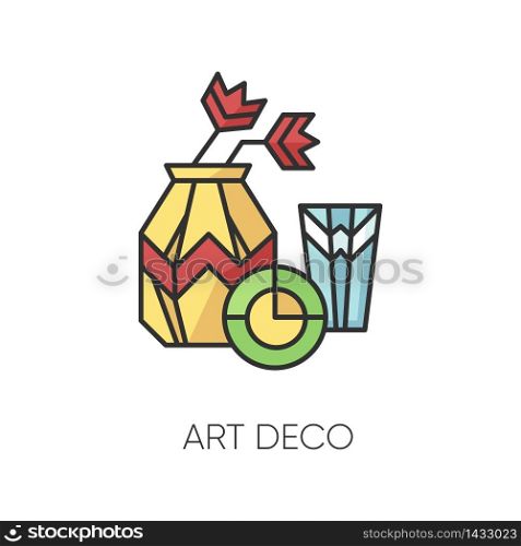 Art deco style RGB color icon. French cultural movement. Visual decorative art style. Still life painting. 20th century artwork. Isolated vector illustration. Art deco style RGB color icon