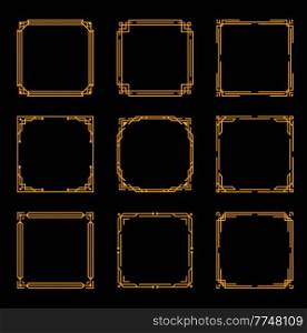 Art deco vintage frames and borders with gold line ornaments on black background. Elegant geometric vector frames with decorative corners and border lines, ornate invitation or greeting card. Art deco vintage frames and gold line borders