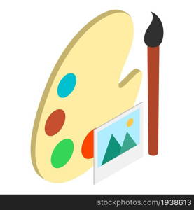 Art equipment icon isometric vector. Paint palette with paint brush and picture. Drawing tool, painting, art. Art equipment icon isometric vector. Paint palette with paint brush and picture