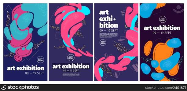 Art exhibition flyers with abstract painting on background. Vector vertical banners of modern gallery with creative artwork with hand drawn fluid shapes and grunge texture. Art exhibition poster with abstract background